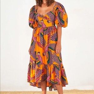 NWT FARM Rio Beaded Macaws Puff Sleeve Midi Dress